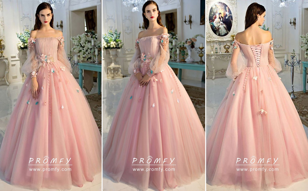 3d flowers baby pink off shoulder ball gown prom dress 2020 3d flowers baby pink off shoulder ball gown prom dress 2020