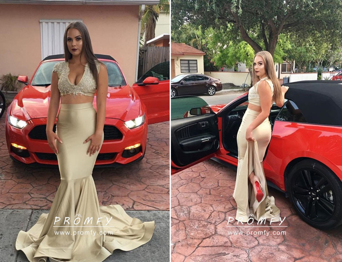 khaki spandex two piece mermaid prom dress khaki spandex two piece mermaid prom dress