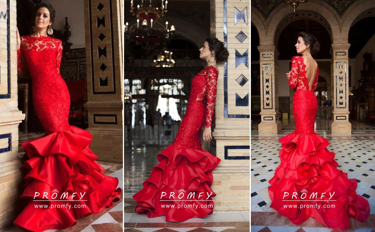 red lace satin long sleeve trumpet long prom dress red lace satin long sleeve trumpet long prom dress