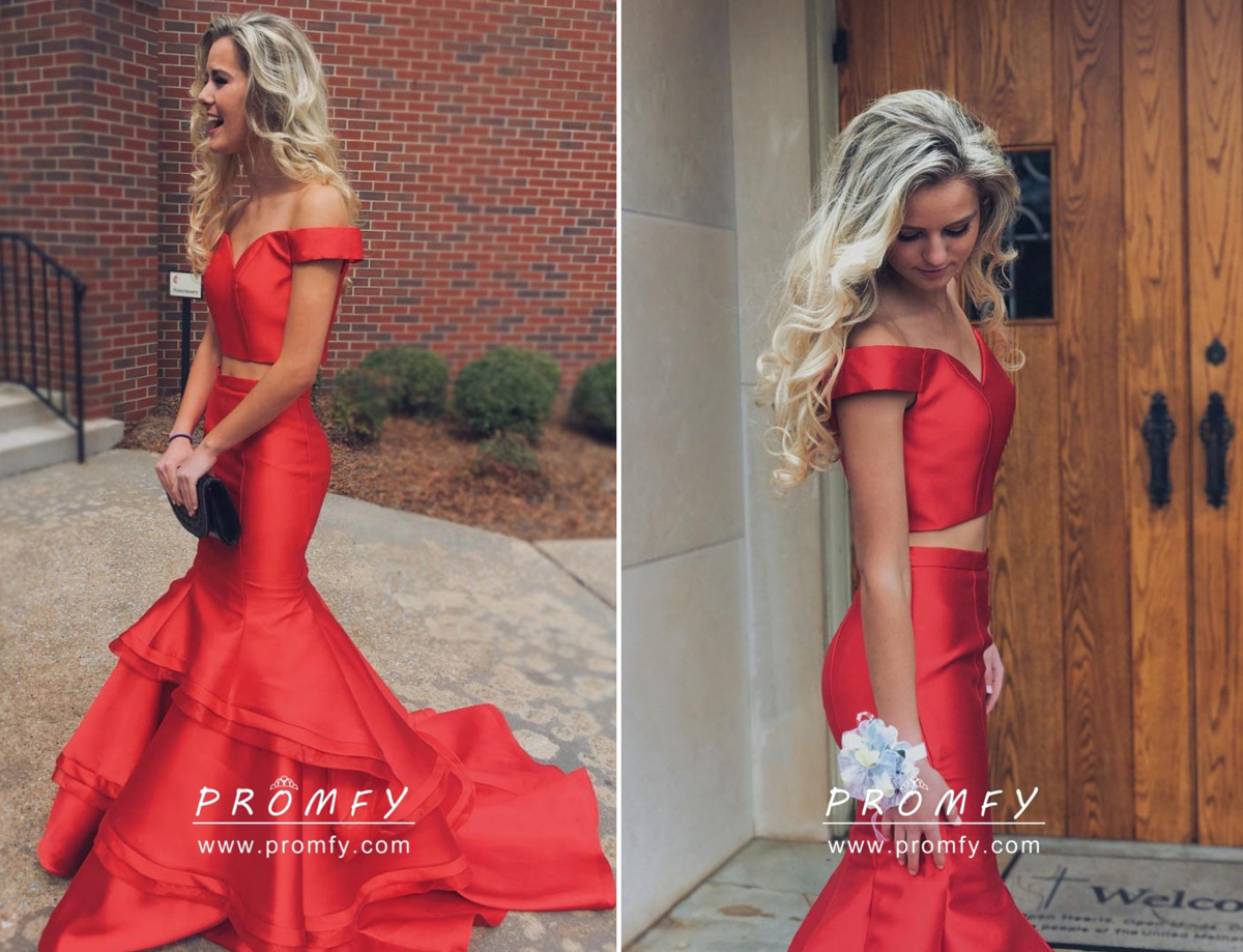 red satin off shoulder two piece formal gown red satin off shoulder two piece formal gown