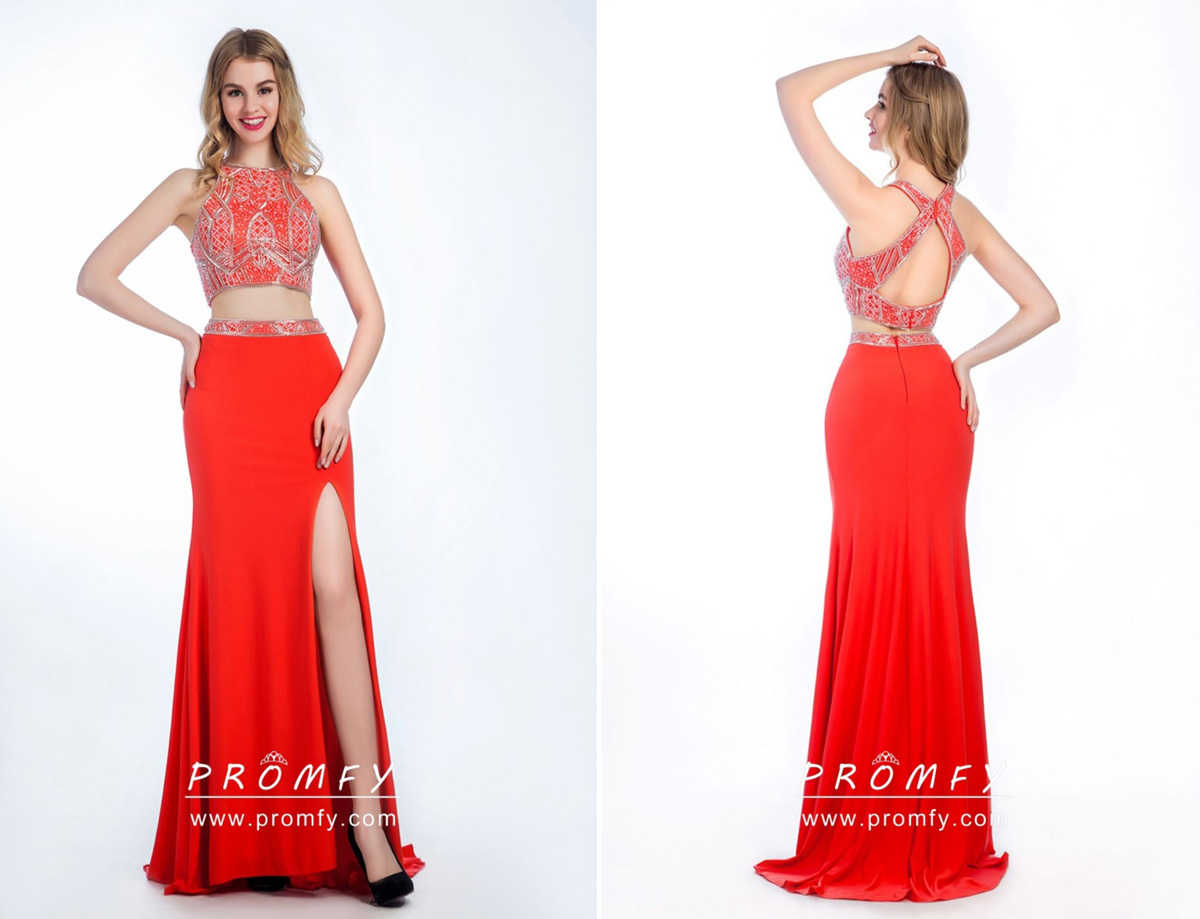 two piece red beaded prom dress two piece red beaded prom dress