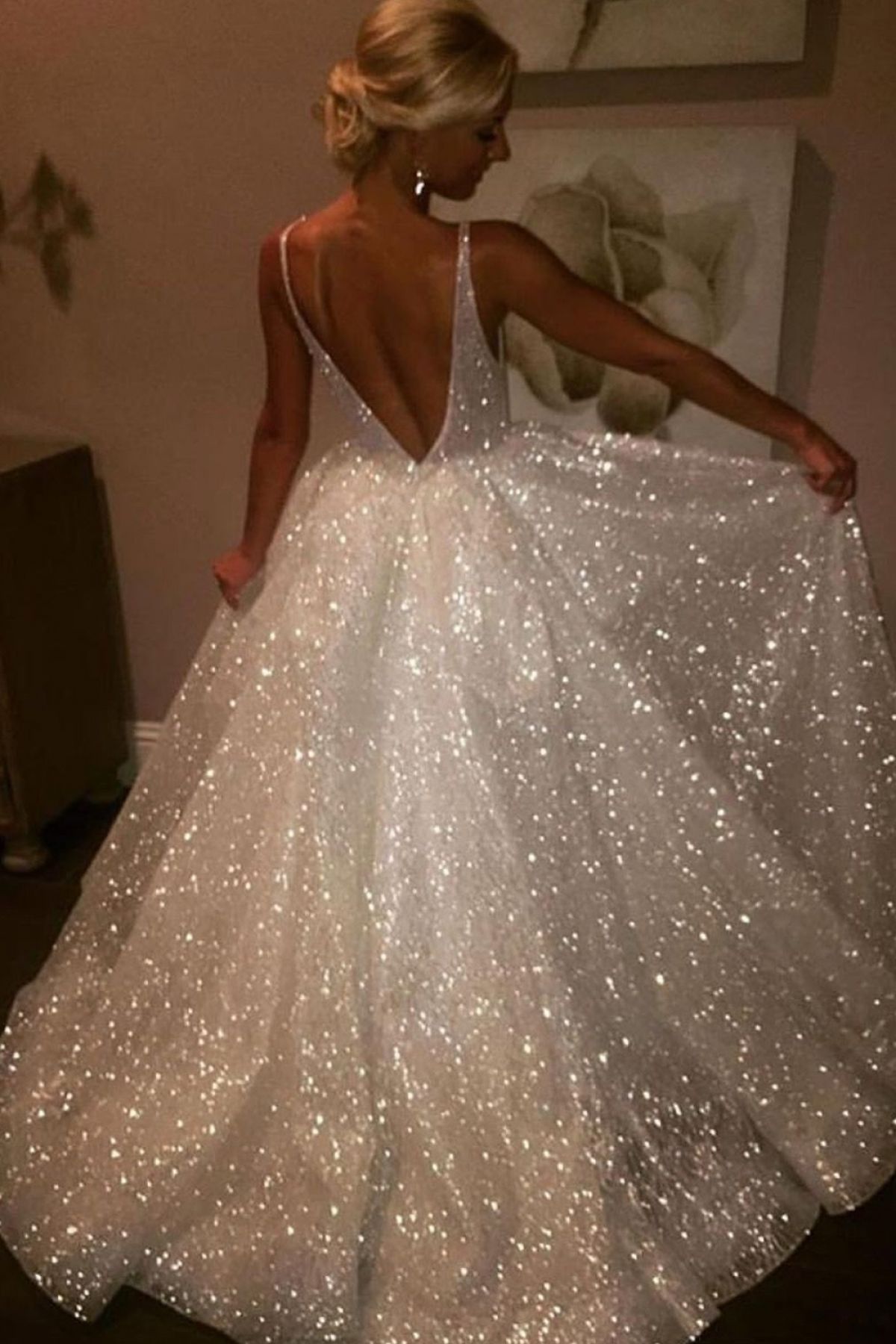 V back sleeveless ivory glitter prom dress