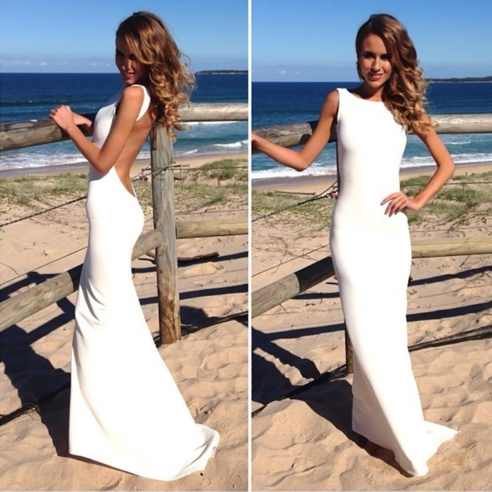 backless boat neck white prom dress