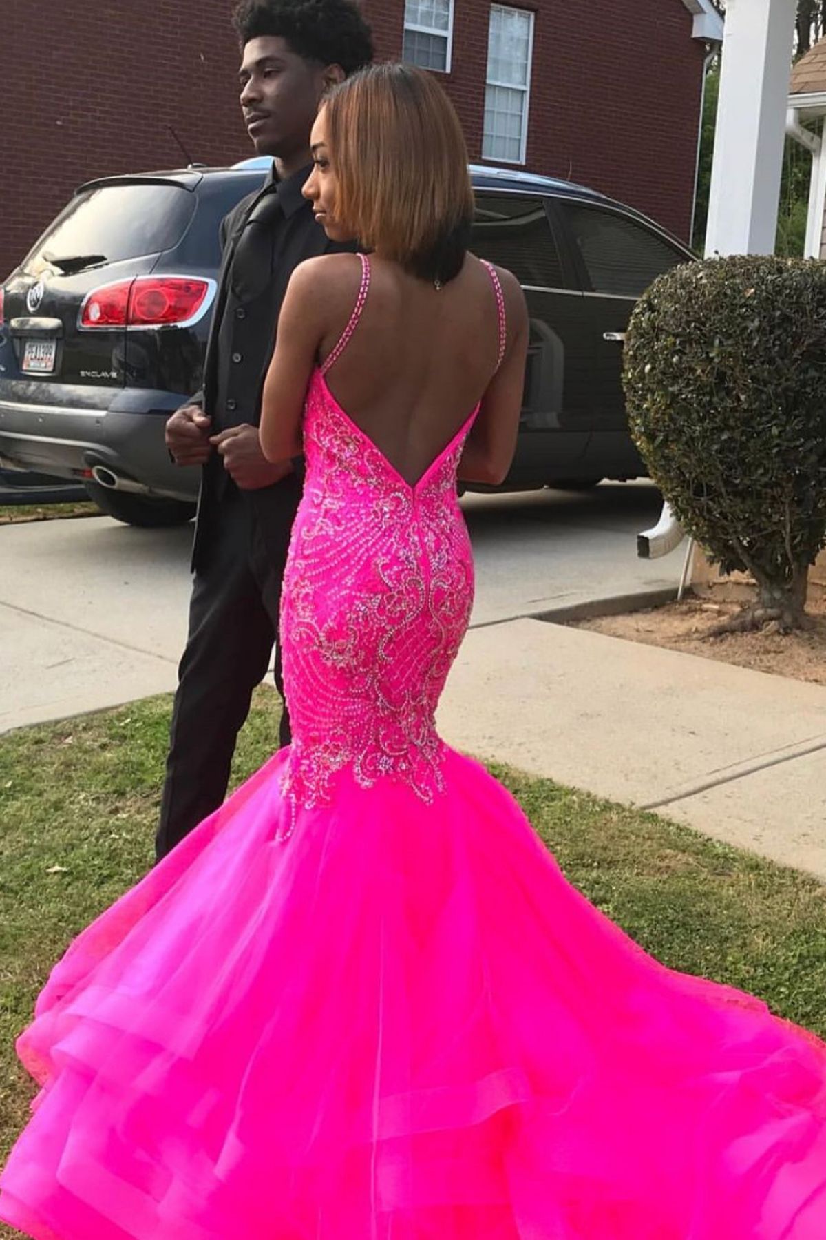 beaded fuchsia low back mermaid prom dress