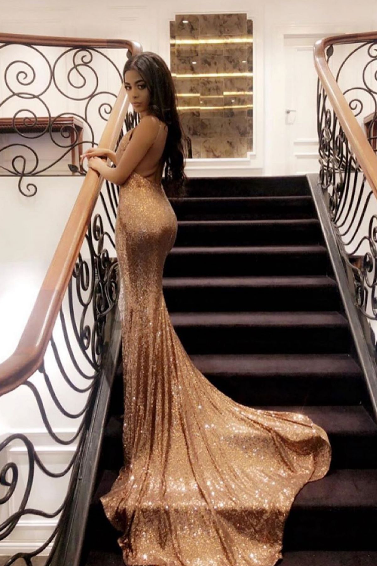 gold sequin backless long prom dress