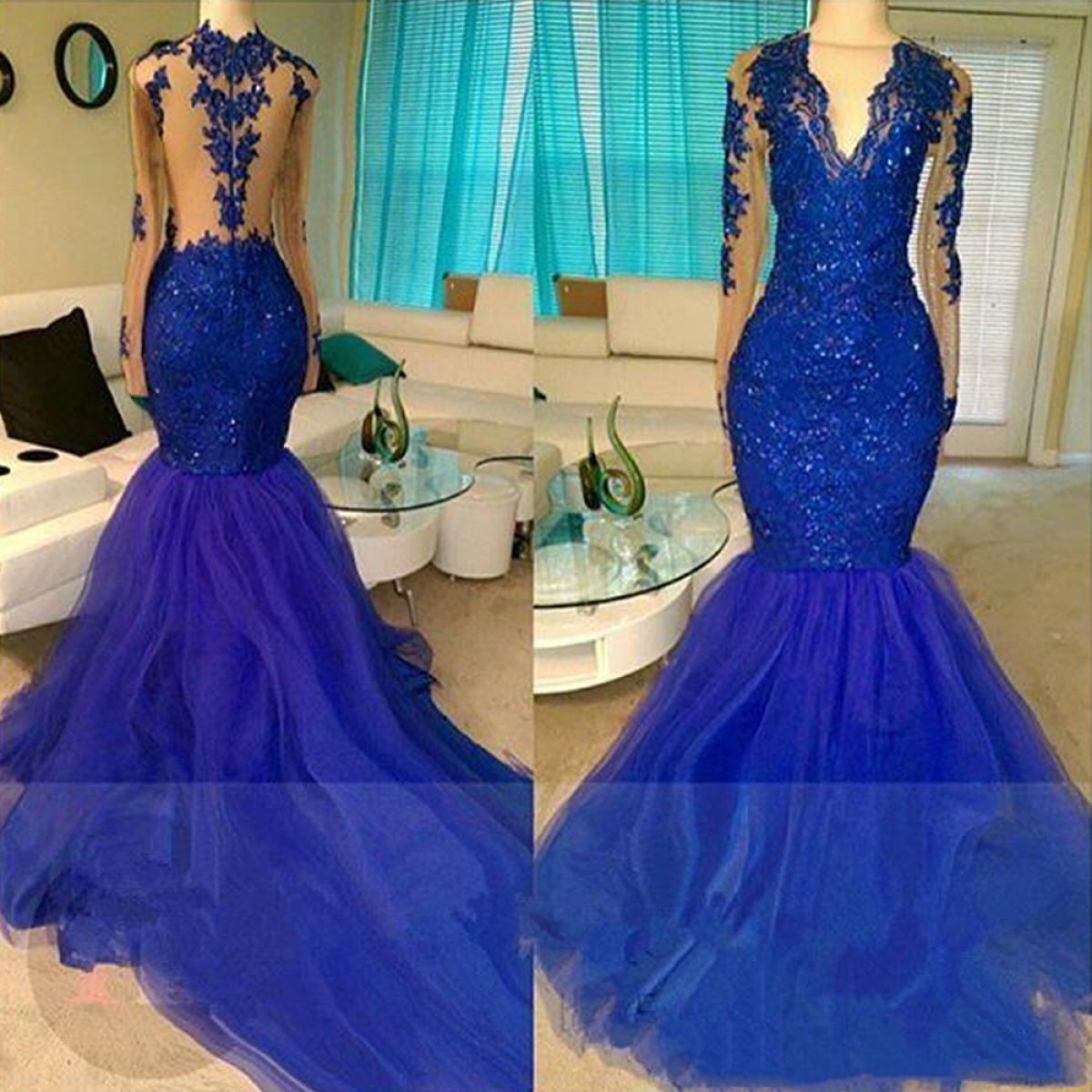 illusion back beaded blue lace and tulle trumpet prom dress