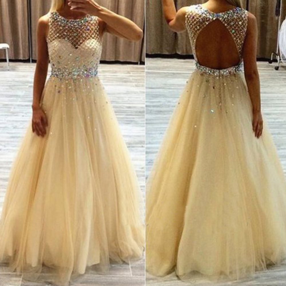 open back beaded bodice yellow tulle prom dress