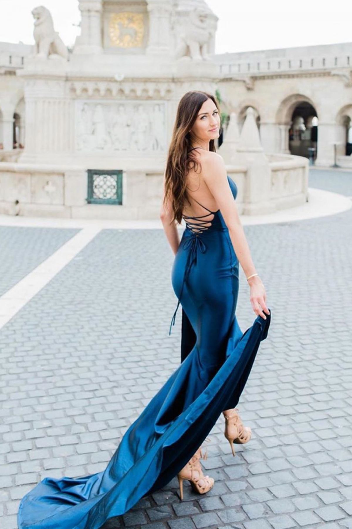 strap back blue satin mermaid prom dress