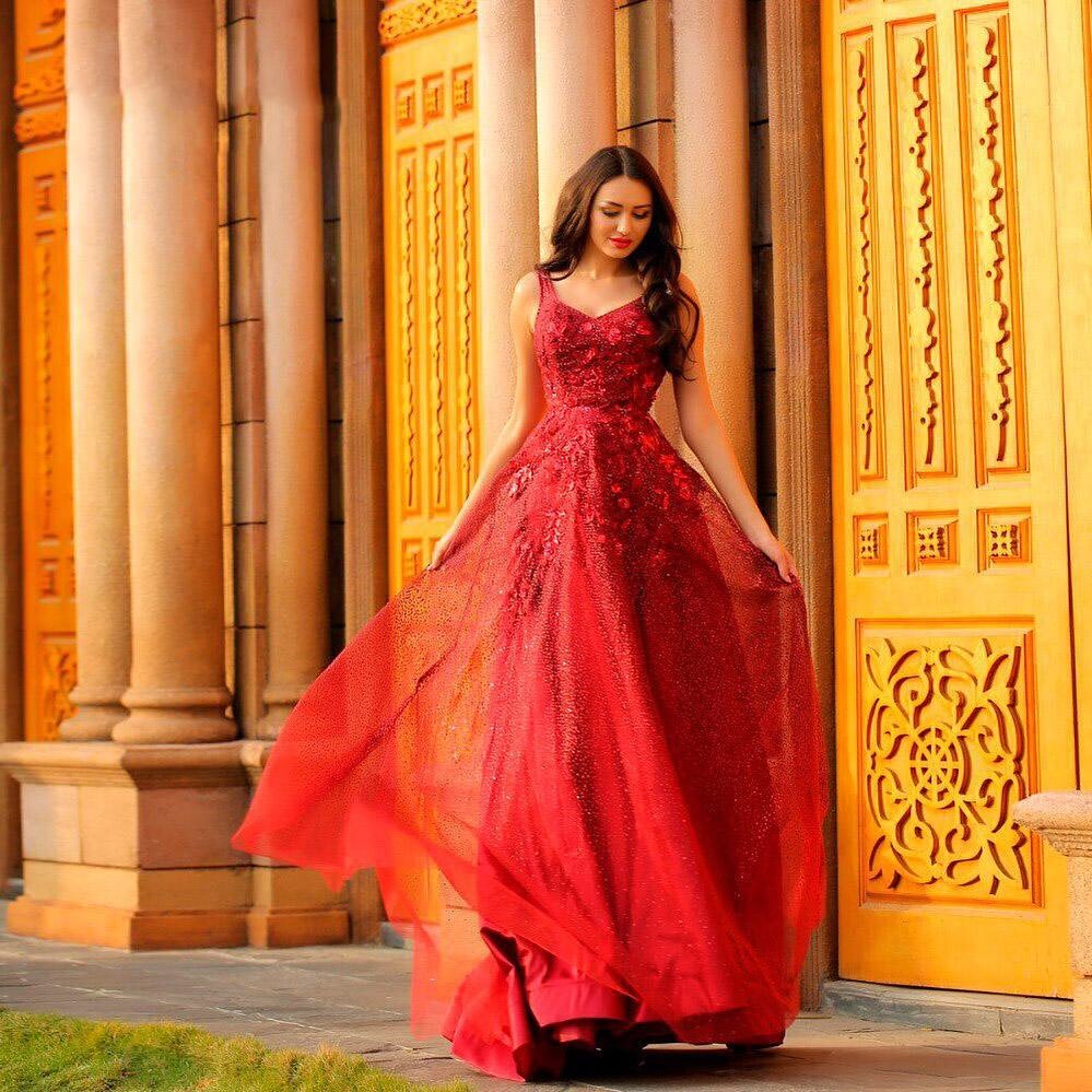 floral red long prom dress