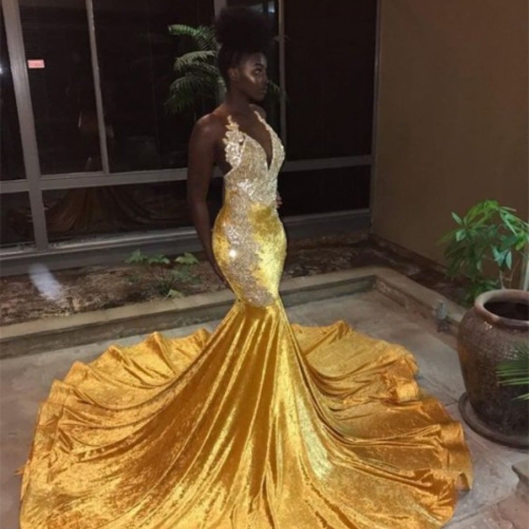 yellow velvet long train prom dress