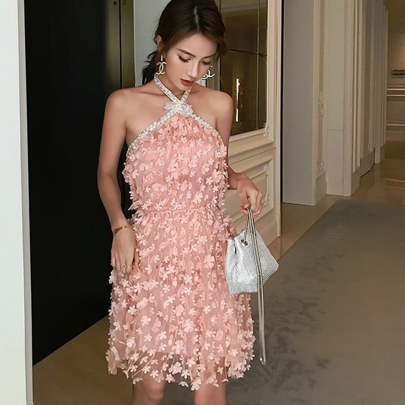 floral pink short party dress
