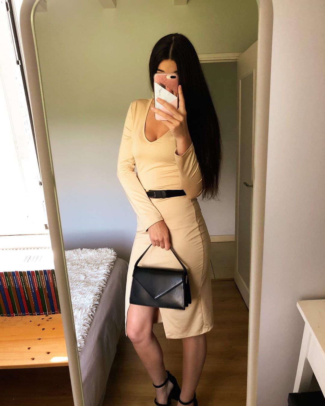 long sleeve nude knee length party dress