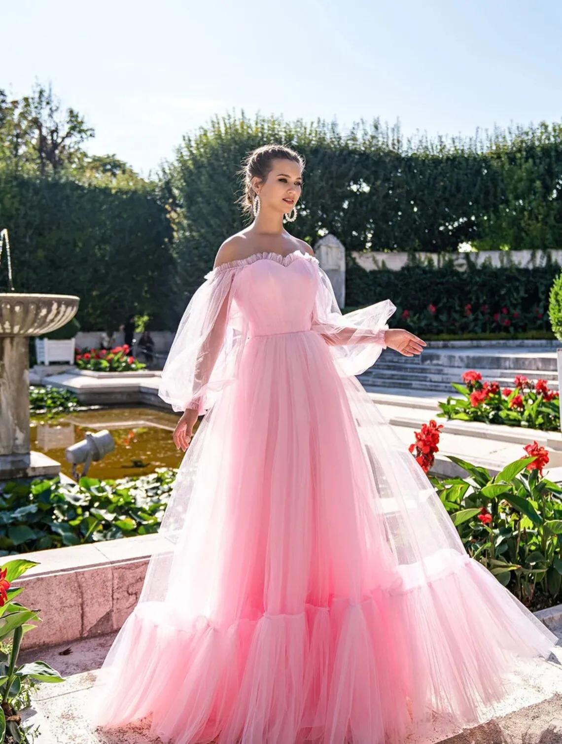 pink tulle long sleeve prom dress pink tulle long sleeve prom dress
