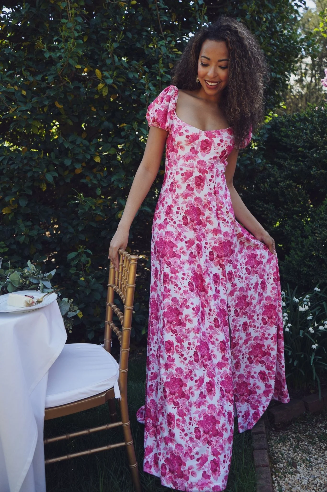 casual pink floral A line long bridal party dress