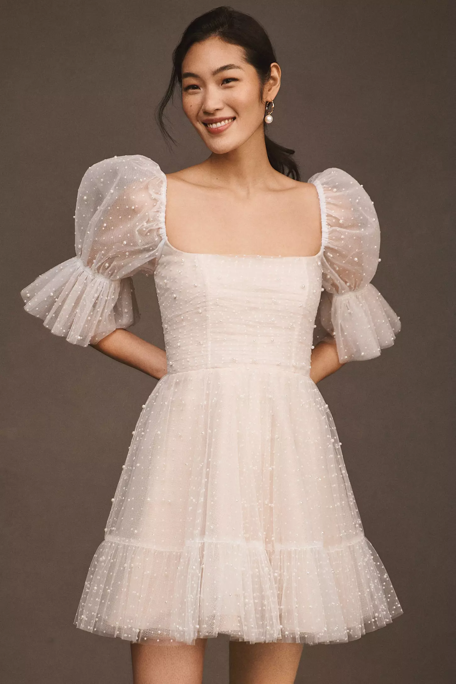 short puff sleeve pearled tulle mini dress short puff sleeve pearled tulle mini dress