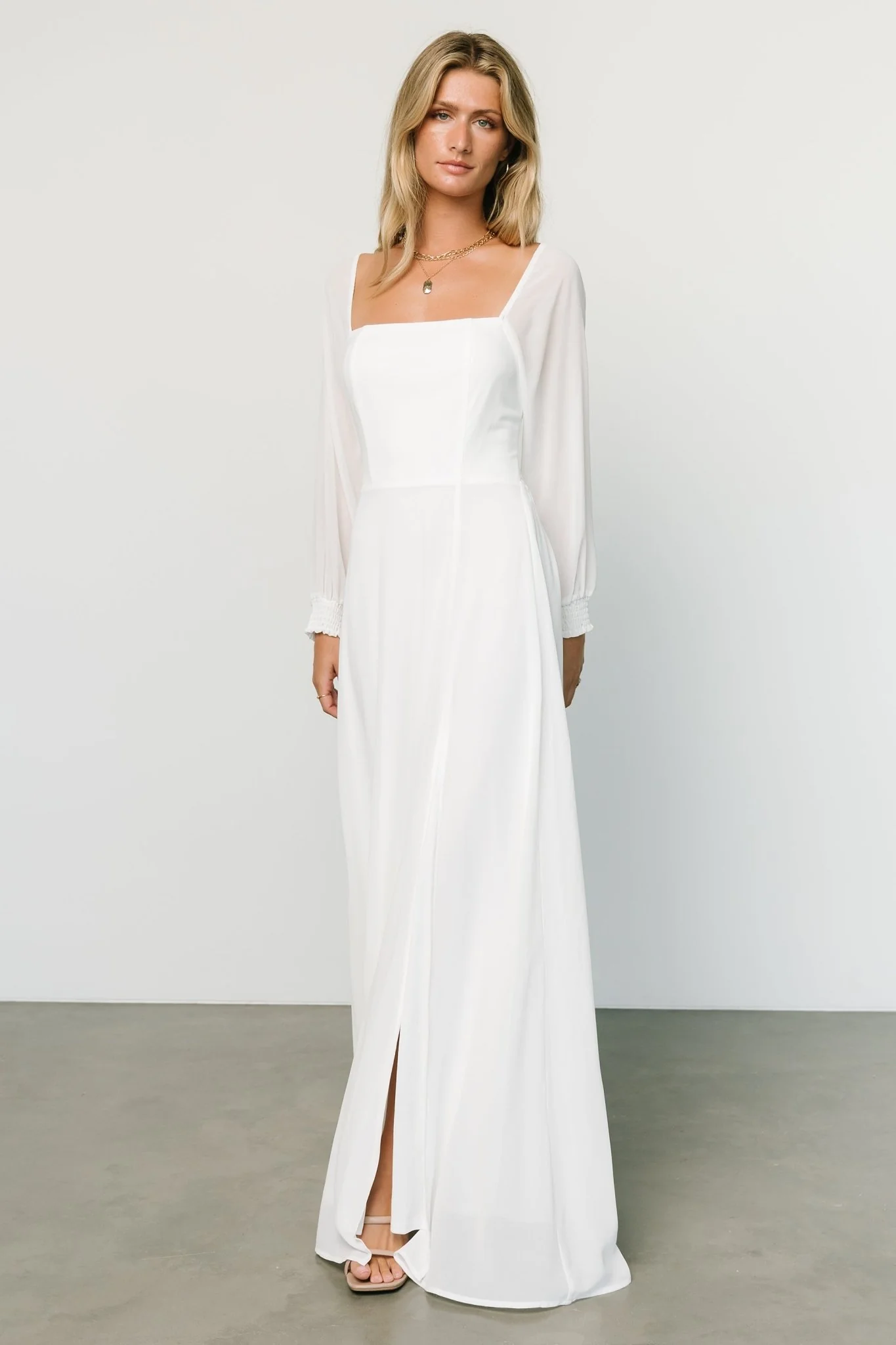 white chiffon long sleeve floor-length dress white chiffon long sleeve floor length bridal shower dress