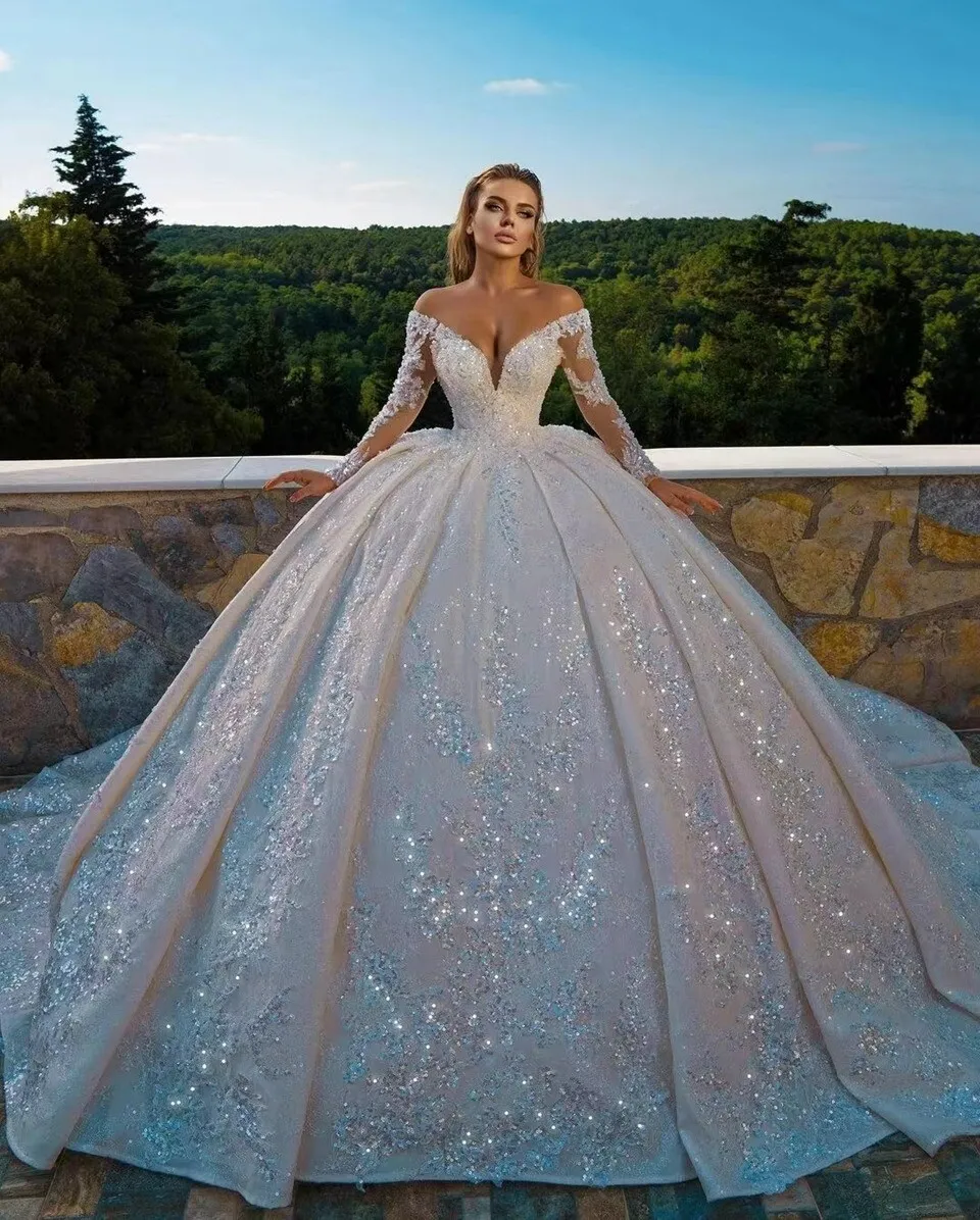 off-shoulder long sleeve sparkly wedding ball gown off shoulder long sleeve sparkly wedding ball gown