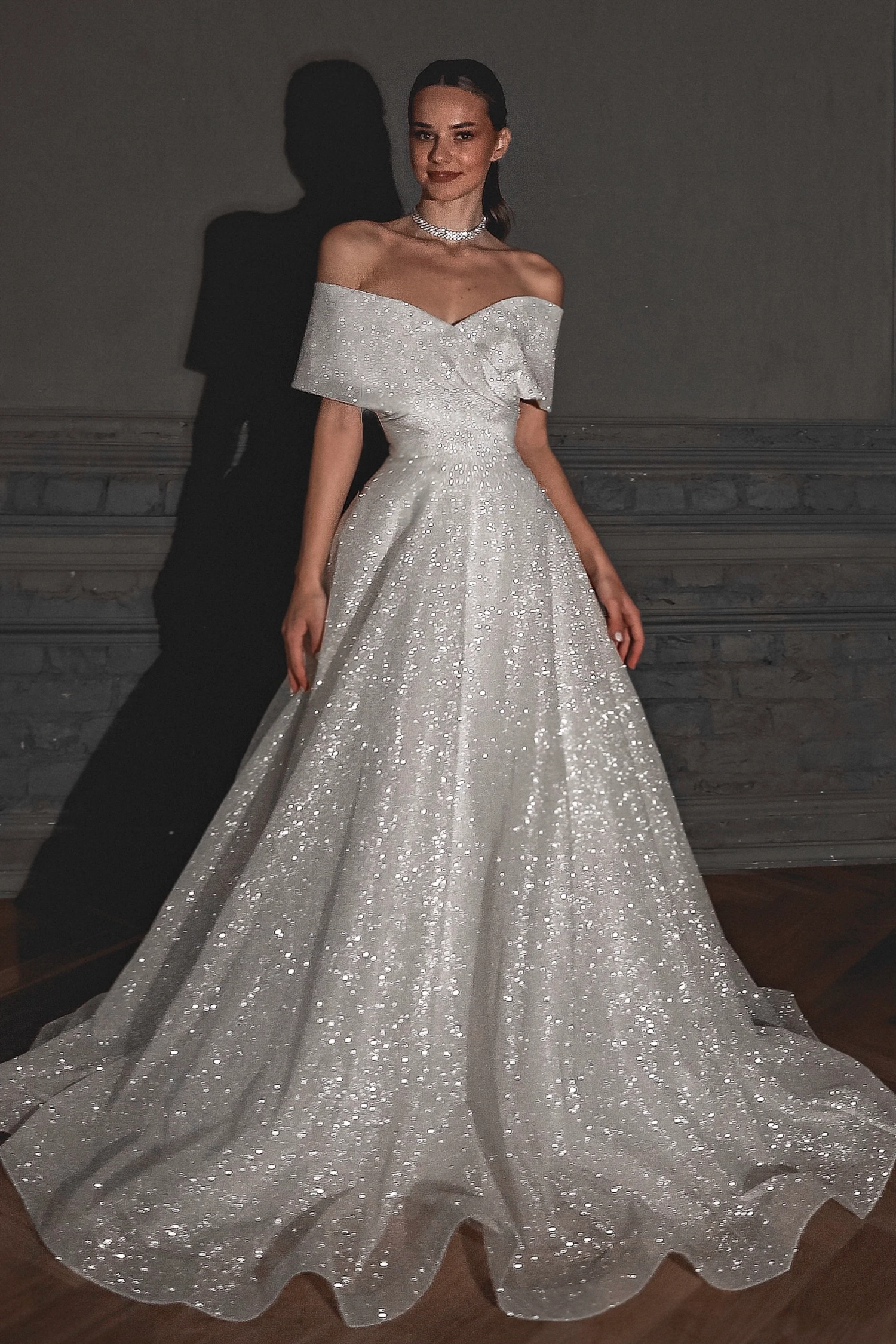 off-the-shoulder A-line glitter wedding dress off the shoulder A line glitter wedding dress