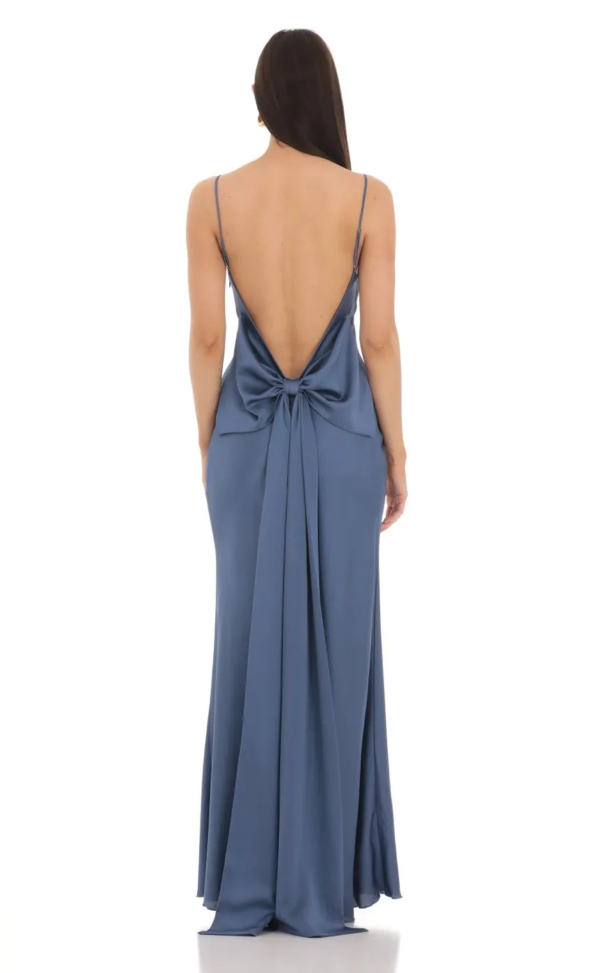 back bow satin evening party dress in slate blue back bow satin evening party dress in slate blue
