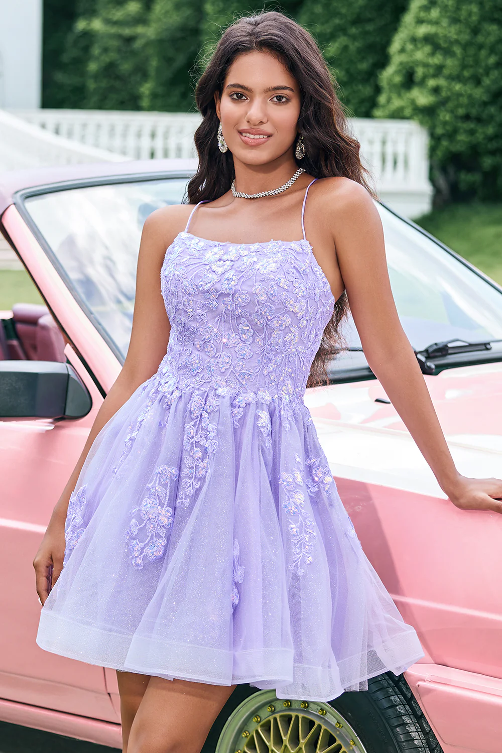 cute glitter lilac tulle short homecoming dress with appliques
