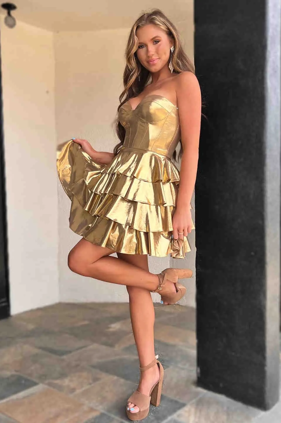 gold metallic sweetheart A line ruffled Homecoming Dress