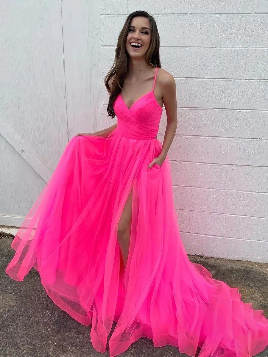 simple spaghetti strap hot pink tulle prom dresses with slit simple spaghetti strap hot pink tulle prom dresses with slit