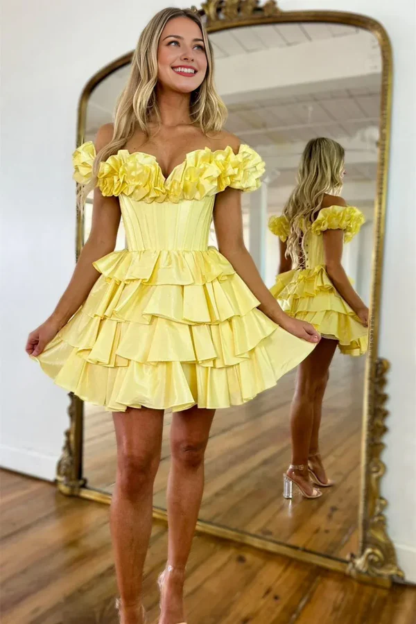 yellow satin off the shoulder tiered satin homecoming dress