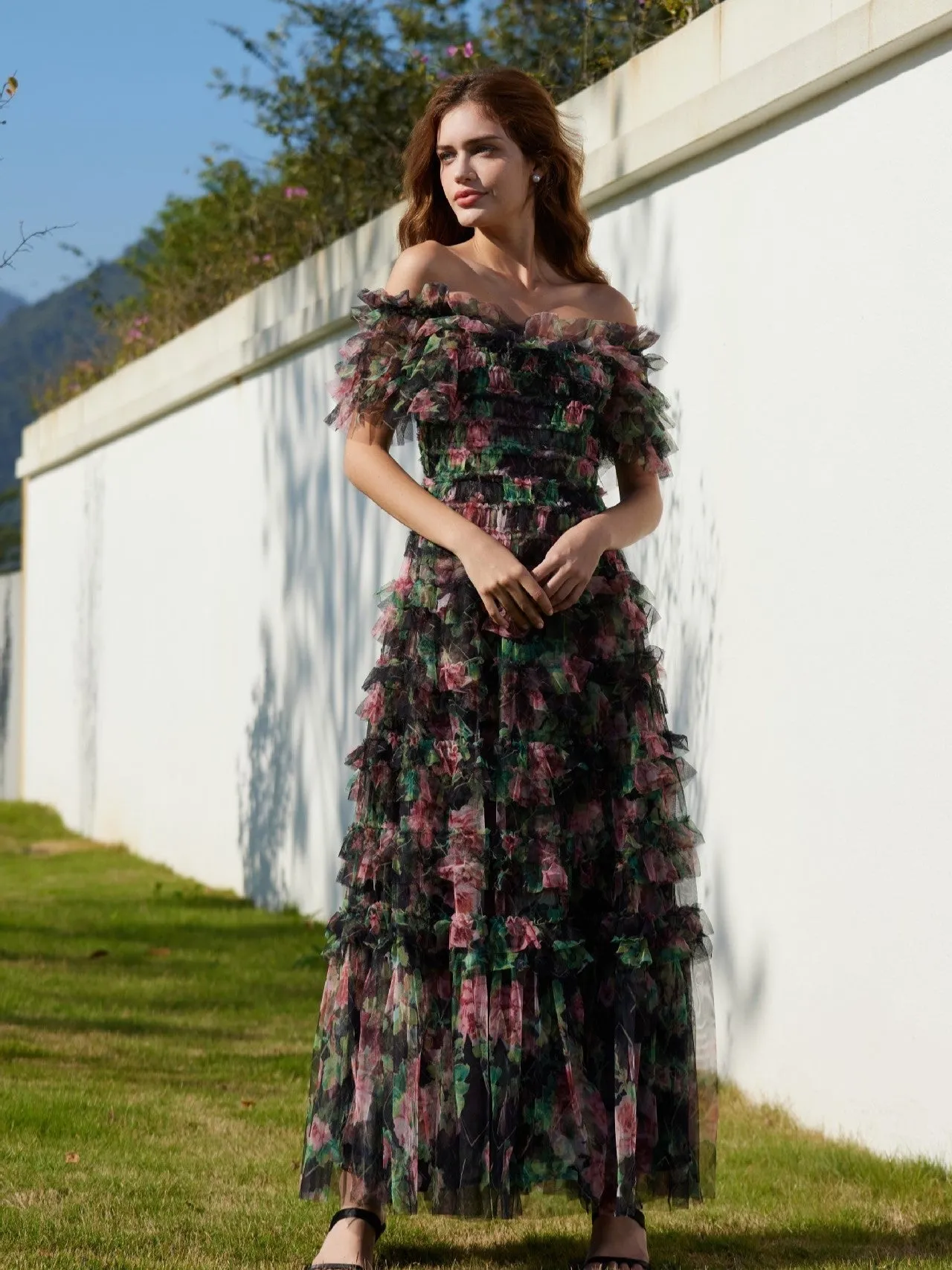 off shoulder floral tulle maxi party dress
