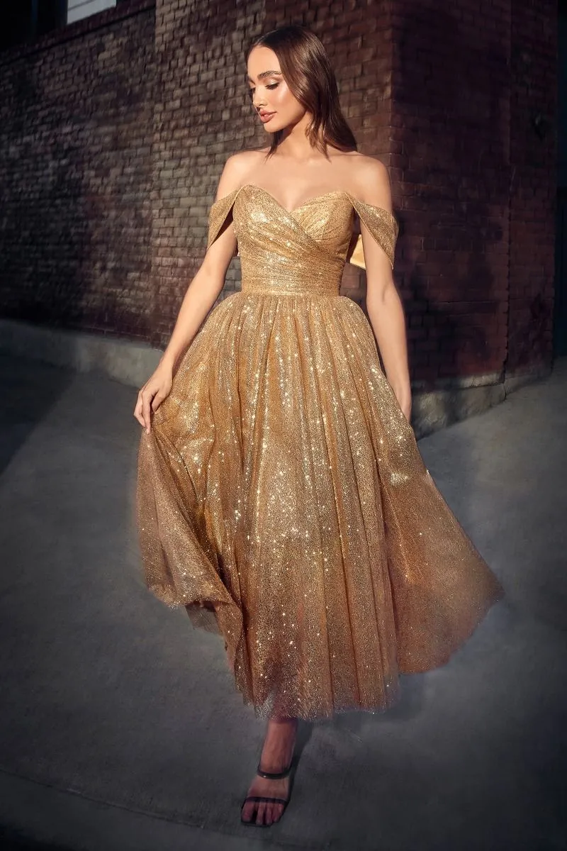 off the shoulder glitter gold A line midi dress