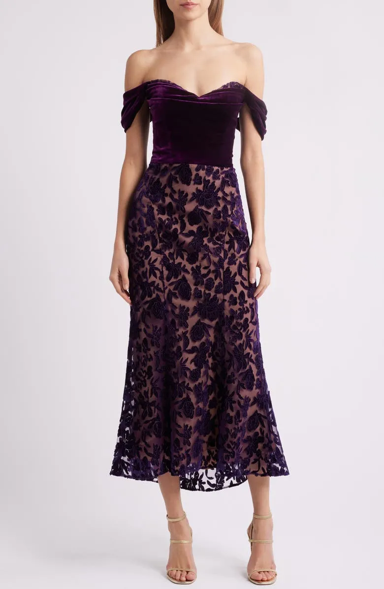 off the shoulder velvet and lace midi dress