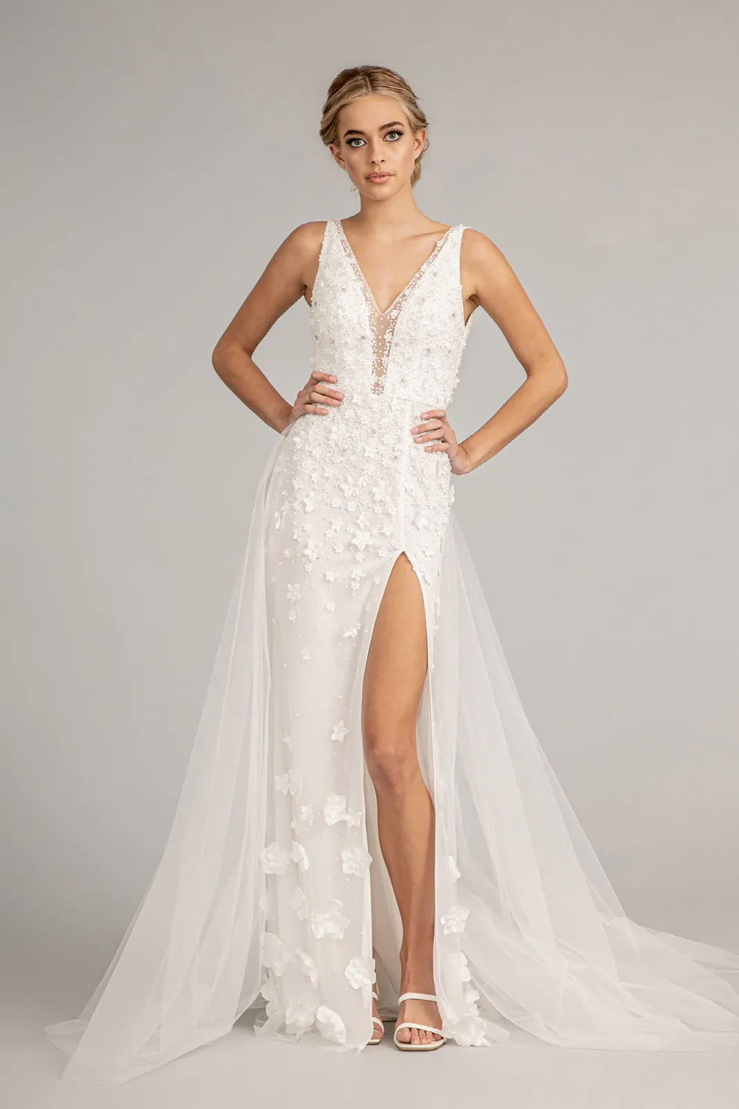 flower embellished mesh mermaid dress with detachable tulle overskirt