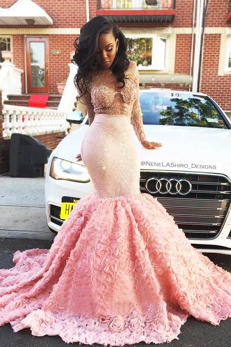 pink 3d flower mermaid long sleeve dance dress