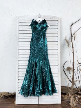 dark green sequin structured V neck prom dress
