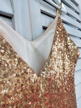 details of gold sequin dress