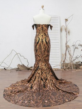 gold sequin black lining long train prom dress