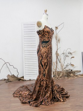 gold sequin with black lining off shoulder long prom dress