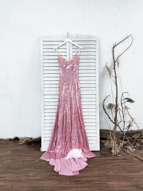 lace appliqued pink sequin mermaid long prom dress