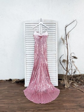 low back pink sequin prom dress