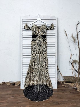 off the shoulder gold sequin on black lining African American prom dress off the shoulder gold sequin on black lining African American prom dress