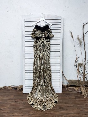 off the shoulder gold sequin on black lining dress