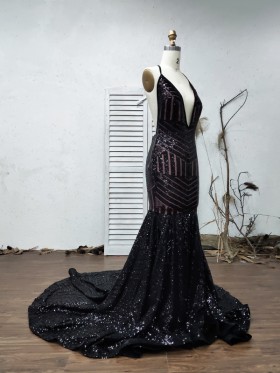 open back black sequin prom gown