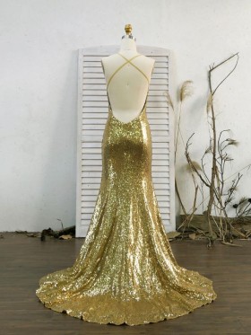 open back gold sequin long prom dress 2019