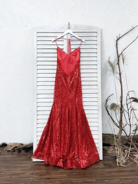 red lace appliqued red sequin prom dress with spaghetti straps