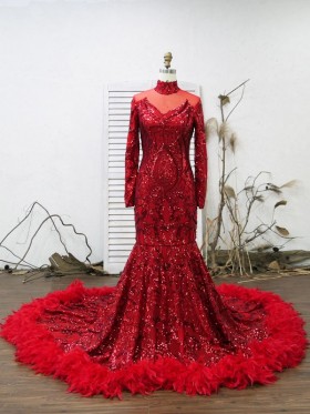 red sequin prom dress with feather trim