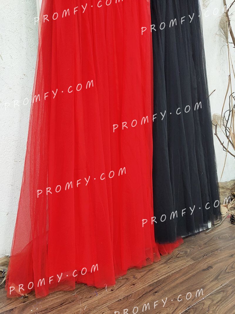 Promfy Simple Black Tulle Plunging Neck Prom Party Dress