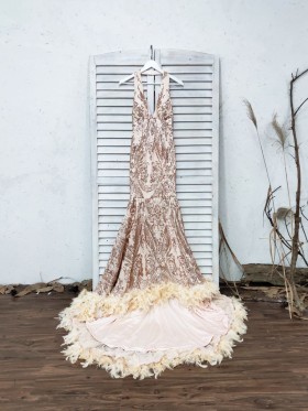 rose gold sequin mermaid prom dress with feather train rose gold sequin mermaid prom dress with feather train