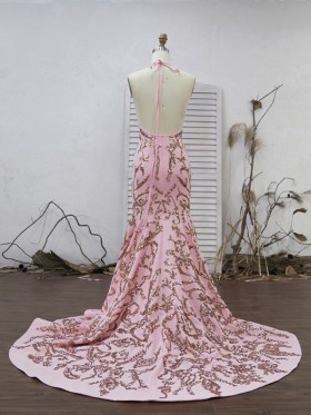 rose gold sequin pink open back prom dress