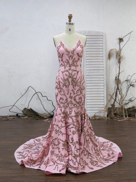 rose gold sequin pink prom gown