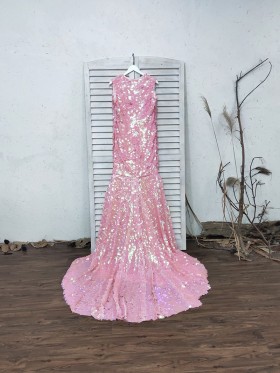 scaled pink sequin long dress