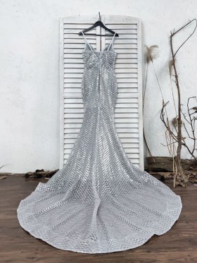 silver mesh sequin long train prom dress